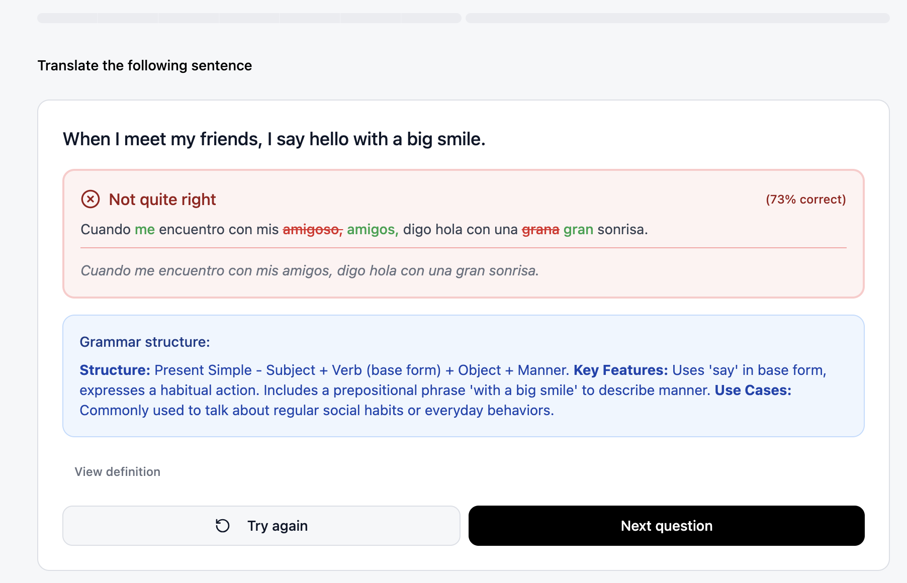 Interactive grammar and sentence construction exercises